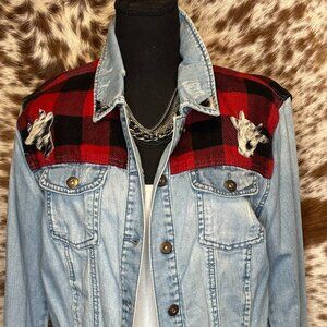 Upcycled Custom Lt Blue distressed Jean jacket red and black plaid accent. -M